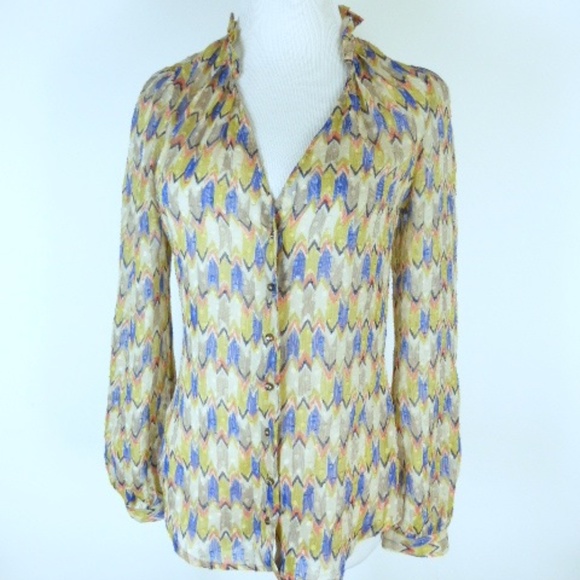 TWELFTH STREET CYNTHIA VINCENT print blue brown orange silk top USA 4 vintage - Picture 1 of 8